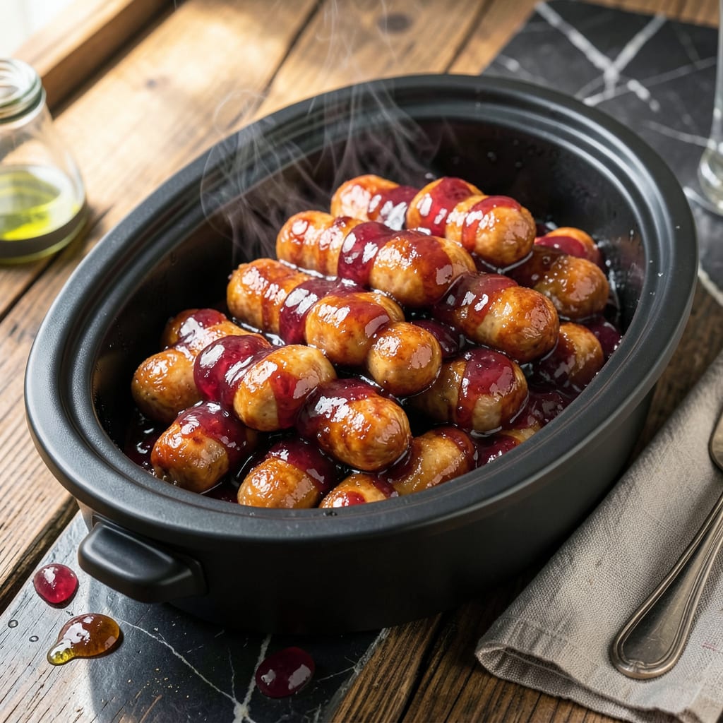 Recipe For Little Smokies With Grape Jelly And BBQ Sauce: 3 Ingredient Party Favorite illustration with key details