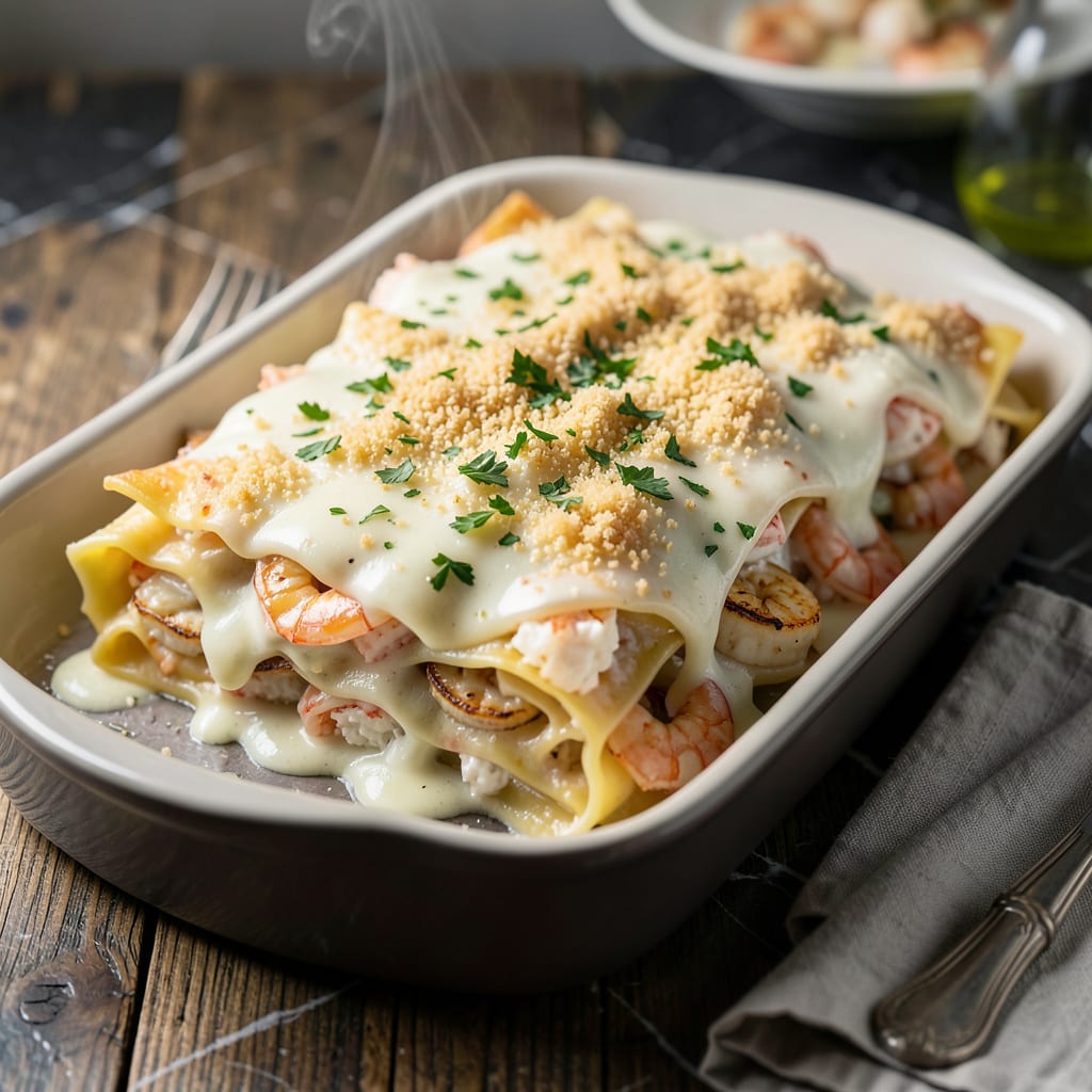 Comprehensive seafood lasagna recipe with white sauce visual reference