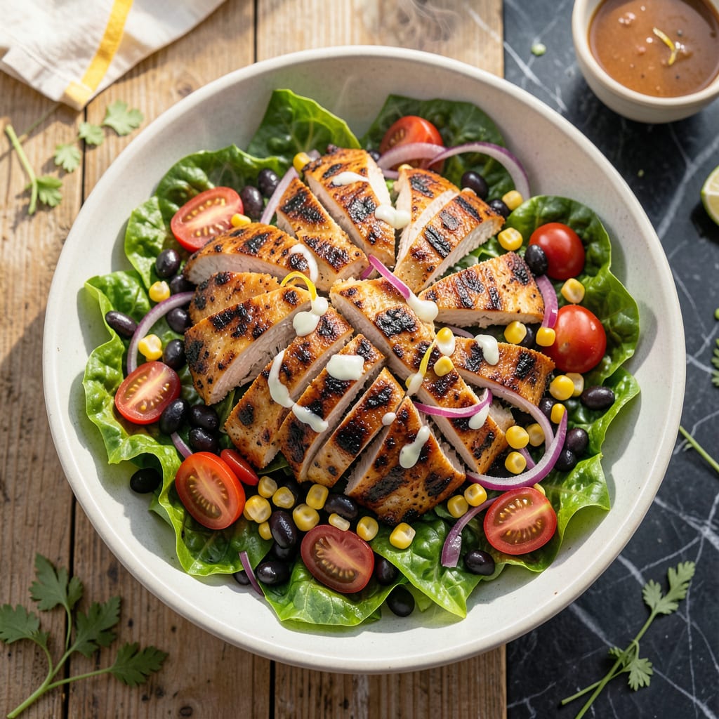 southwest grilled chicken salad recipe illustration with key details