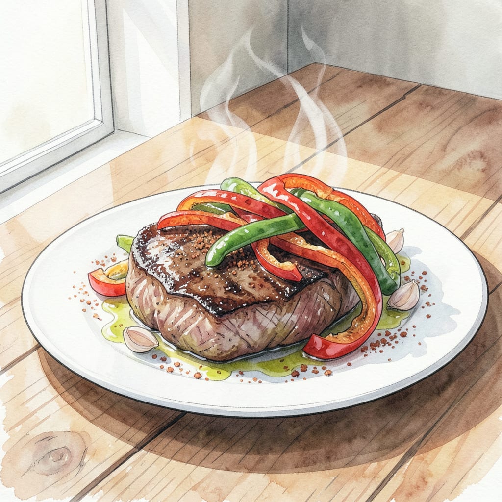 Spanish Pepper Steak Recipe: Sizzling Skillet Steak with Crisp Peppers illustration with key details