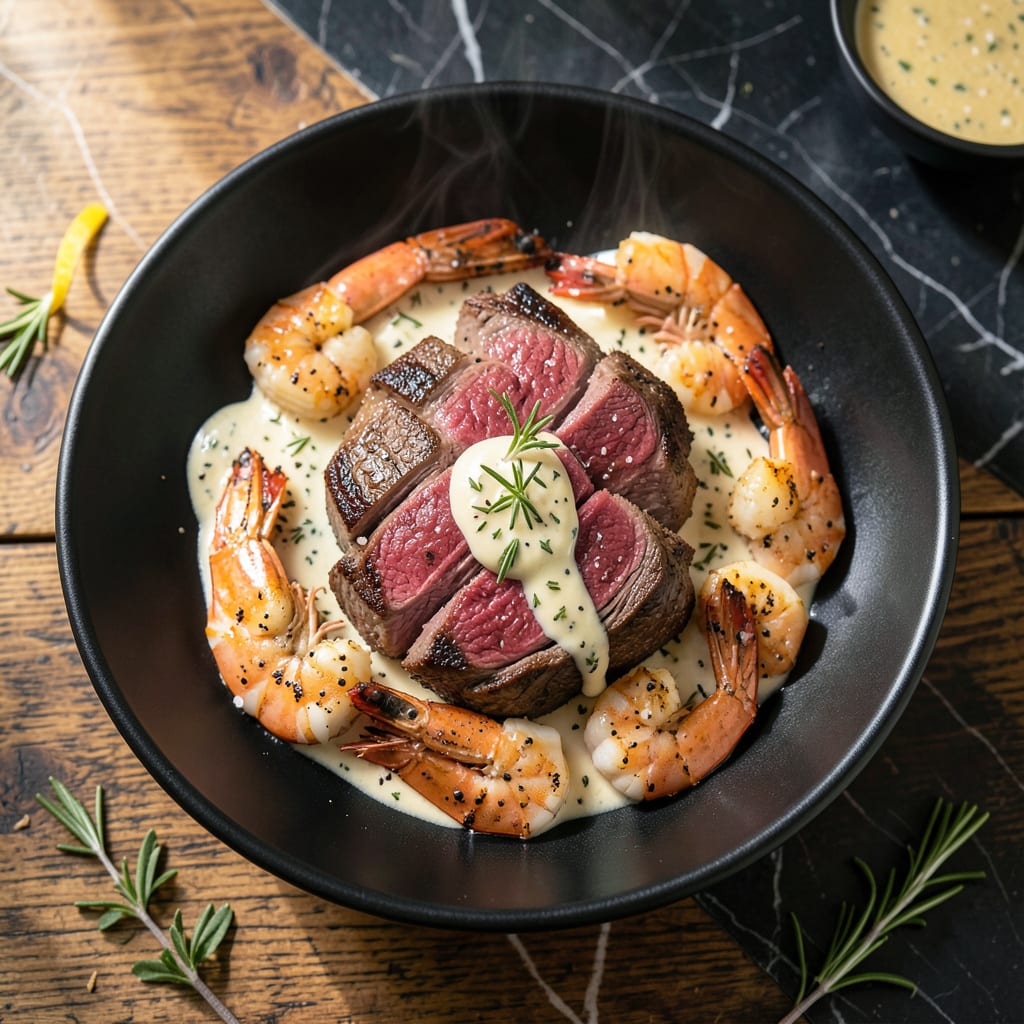 Complete Steak And Grilled Shrimp Recipe: Surf and Turf on a Single Plate overview image