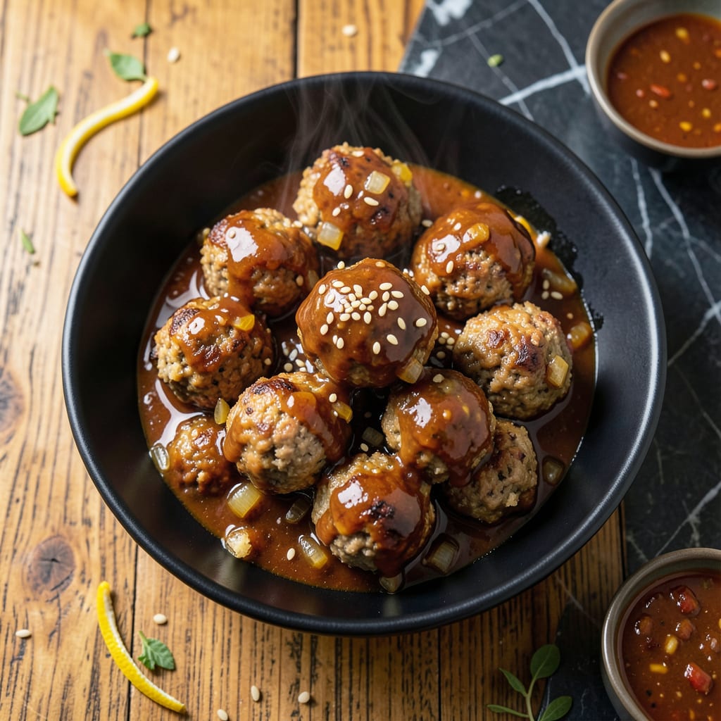 Sweet and Sour BBQ Meatball Recipe: Zesty Glaze Over Tender Bites illustration with key details