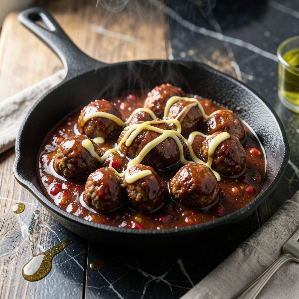 sweet bbq meatball sauce recipe illustration with key details