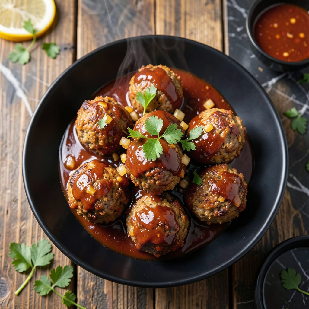 Sweet BBQ Meatballs Recipe: Glazy Sauce With Caramelized Edges example with annotations