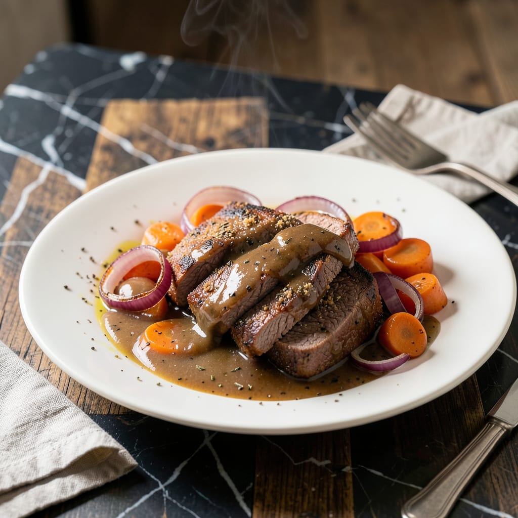 Visual representation of swiss steak recipe with brown gravy