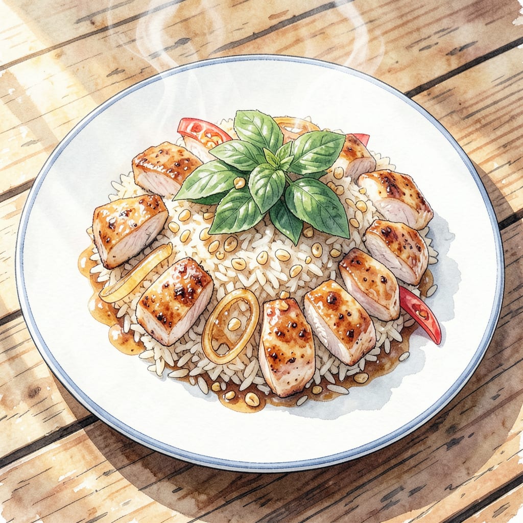 thai basil chicken fried rice recipe illustration with key details