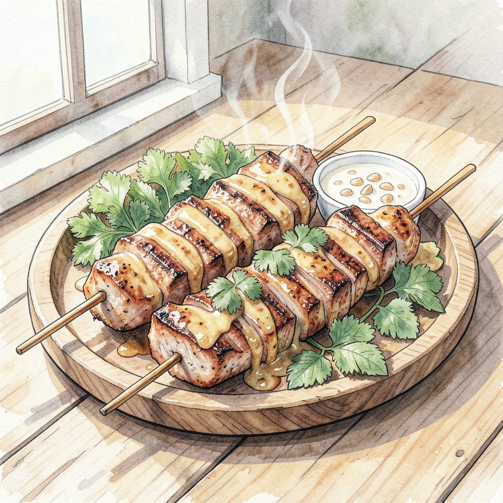 Thai BBQ Pork Satay Recipe: Grilled Perfection with Peanut Sauce example with annotations