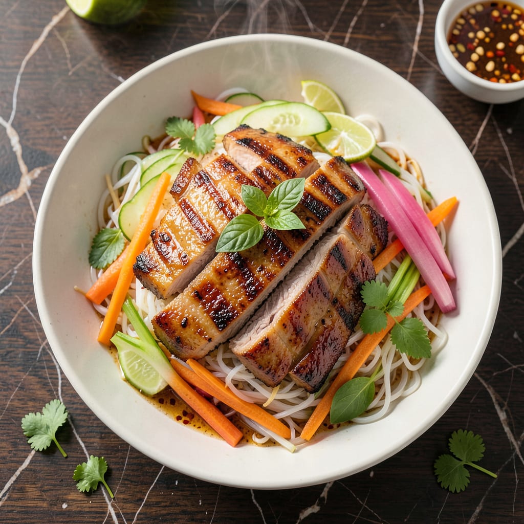 Visual representation of Vietnamese BBQ Pork Vermicelli Recipe: Lemongrass Marinated Noodle Bowl