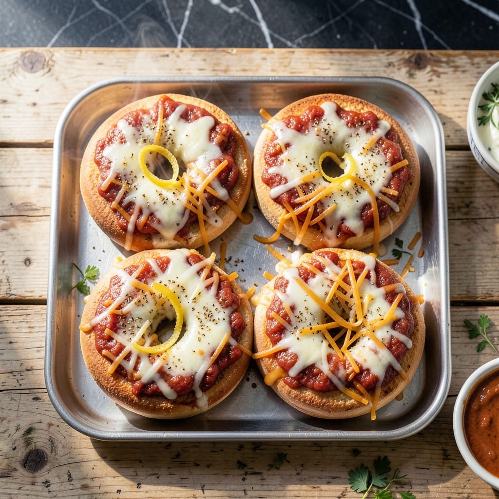 School Cafeteria Breakfast Pizza Bagels: Nostalgic Cheese and Sauce on Toasted Bags